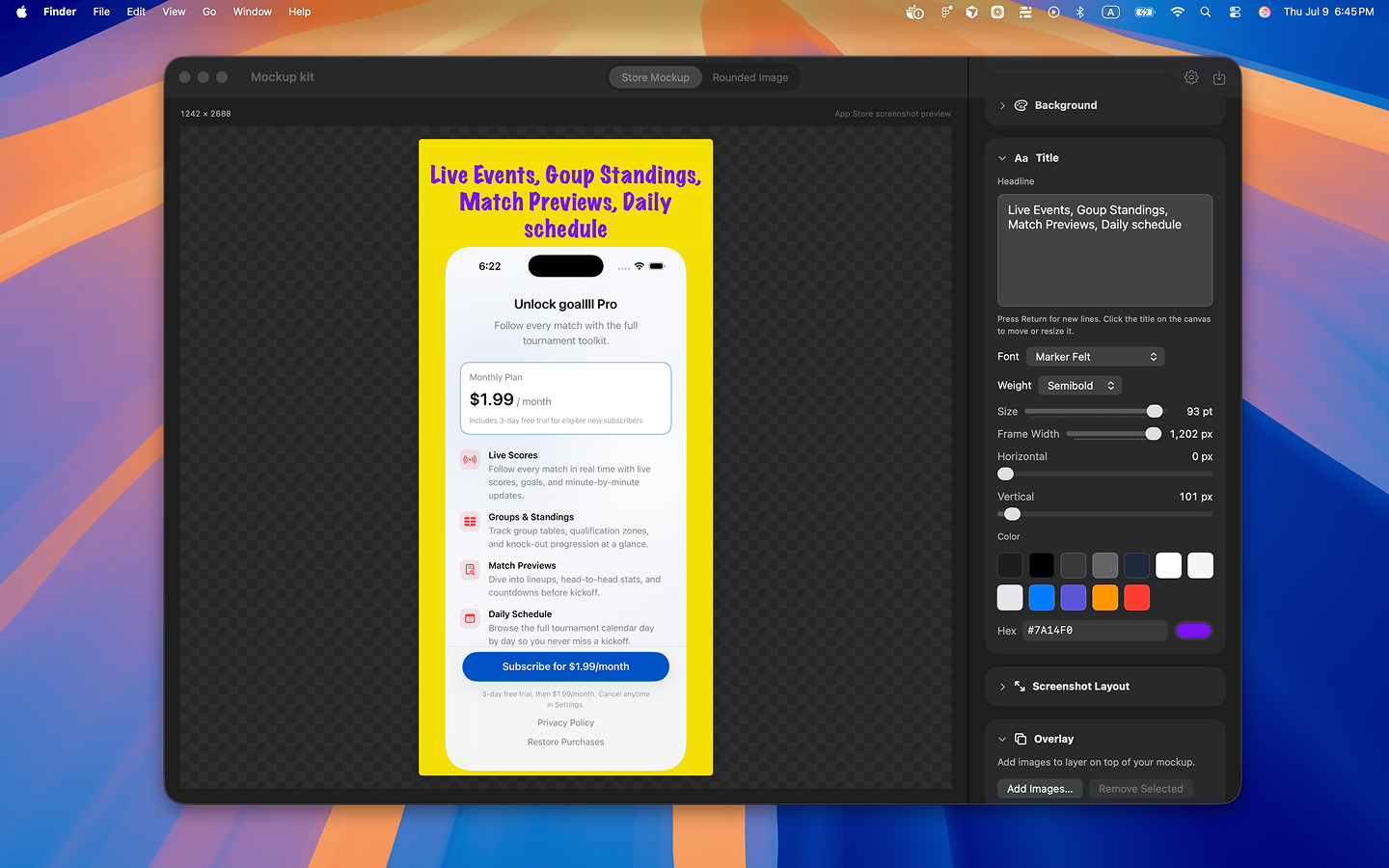 Mockup Kit Store Mockup canvas on Mac with screenshot layout, title controls, and overlay tools