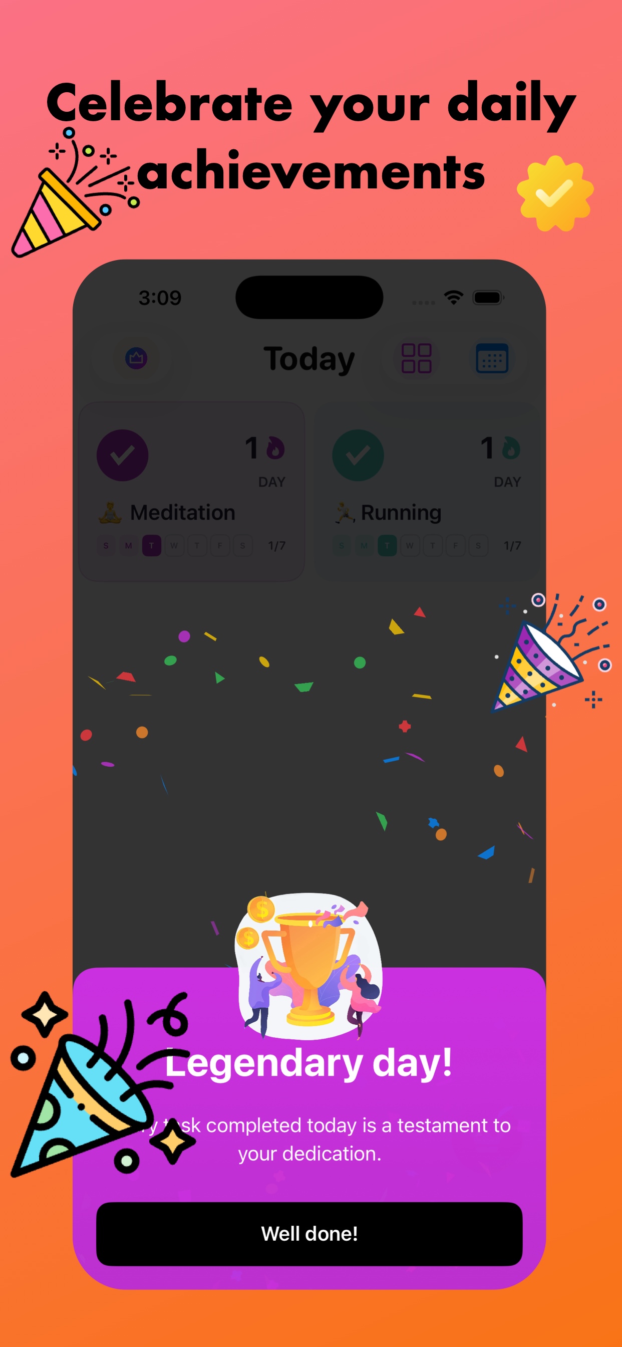 Exported App Store screenshot with pink-to-orange gradient background, headline, iPhone mockup, and PNG overlay badges